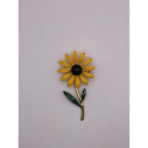 Vintage Enamel Yellow Flower Brooch Pin With Green Leaves & Gold Tone Stem